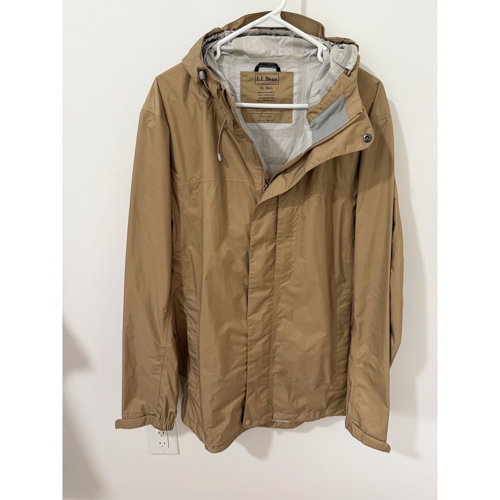 L.L.Bean Rain Jacket Mens XL TALL Tan Khaki Windbreaker Hooded Ripstop 268317